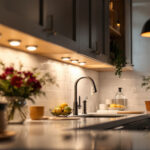 A photograph of a beautifully designed kitchen with stylish under cabinet lighting that highlights the countertops and creates a warm ambiance