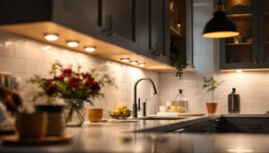 A photograph of a beautifully designed kitchen with stylish under cabinet lighting that highlights the countertops and creates a warm ambiance