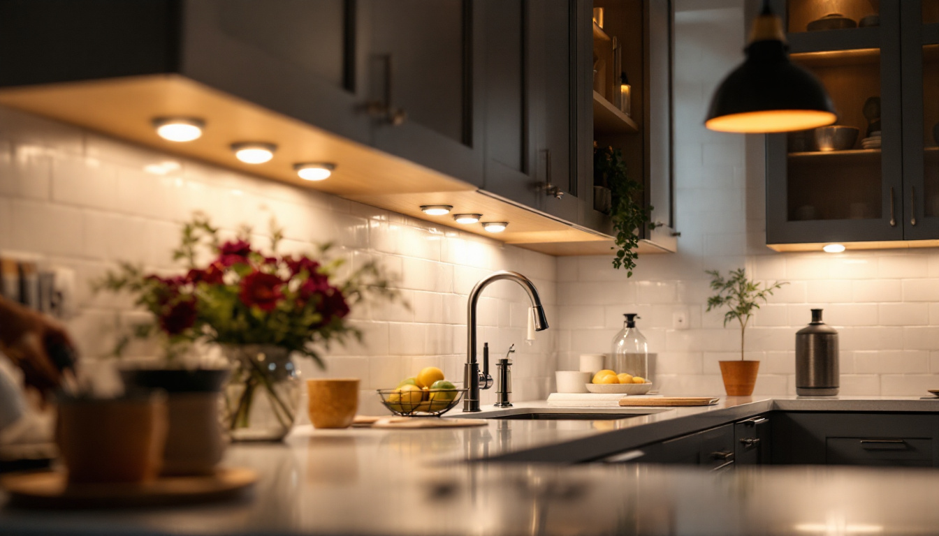 A photograph of a beautifully designed kitchen with stylish under cabinet lighting that highlights the countertops and creates a warm ambiance