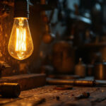 A photograph of a vintage lightbulb glowing warmly in a dimly lit workshop