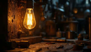 A photograph of a vintage lightbulb glowing warmly in a dimly lit workshop