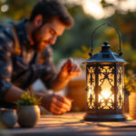 A photograph of capture a photograph of a beautifully designed large solar lantern light illuminating a cozy outdoor setting
