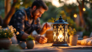 A photograph of capture a photograph of a beautifully designed large solar lantern light illuminating a cozy outdoor setting