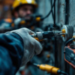 A photograph of a skilled lighting contractor at work