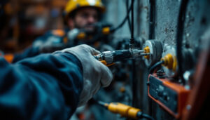 A photograph of a skilled lighting contractor at work