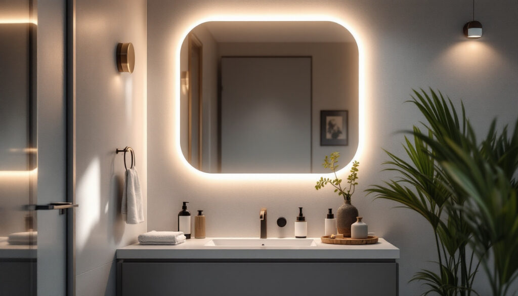 A photograph of a stylish vanity light setup in a modern bathroom