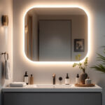 A photograph of a stylish vanity light setup in a modern bathroom