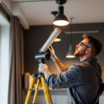 A photograph of a lighting contractor skillfully installing innovative light fixtures in a modern space