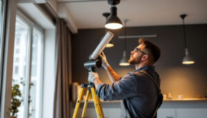 A photograph of a lighting contractor skillfully installing innovative light fixtures in a modern space