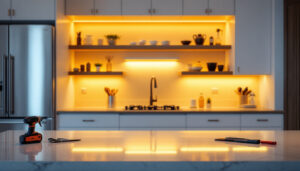 A photograph of a beautifully designed kitchen showcasing under cabinet lighting
