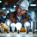 A photograph of a lighting contractor examining a type b light bulb alongside various alternative lighting options