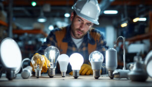 A photograph of a lighting contractor examining a type b light bulb alongside various alternative lighting options