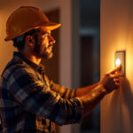 A photograph of a lighting contractor installing a motion sensing light switch in a residential setting