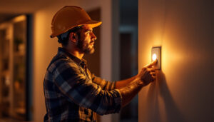 A photograph of a lighting contractor installing a motion sensing light switch in a residential setting