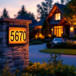 A photograph of a beautifully illuminated solar lighted address sign at dusk