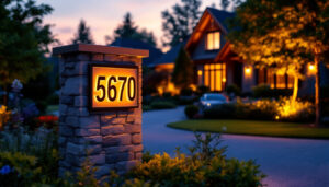 A photograph of a beautifully illuminated solar lighted address sign at dusk