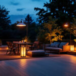 A photograph of a beautifully designed outdoor deck space at dusk