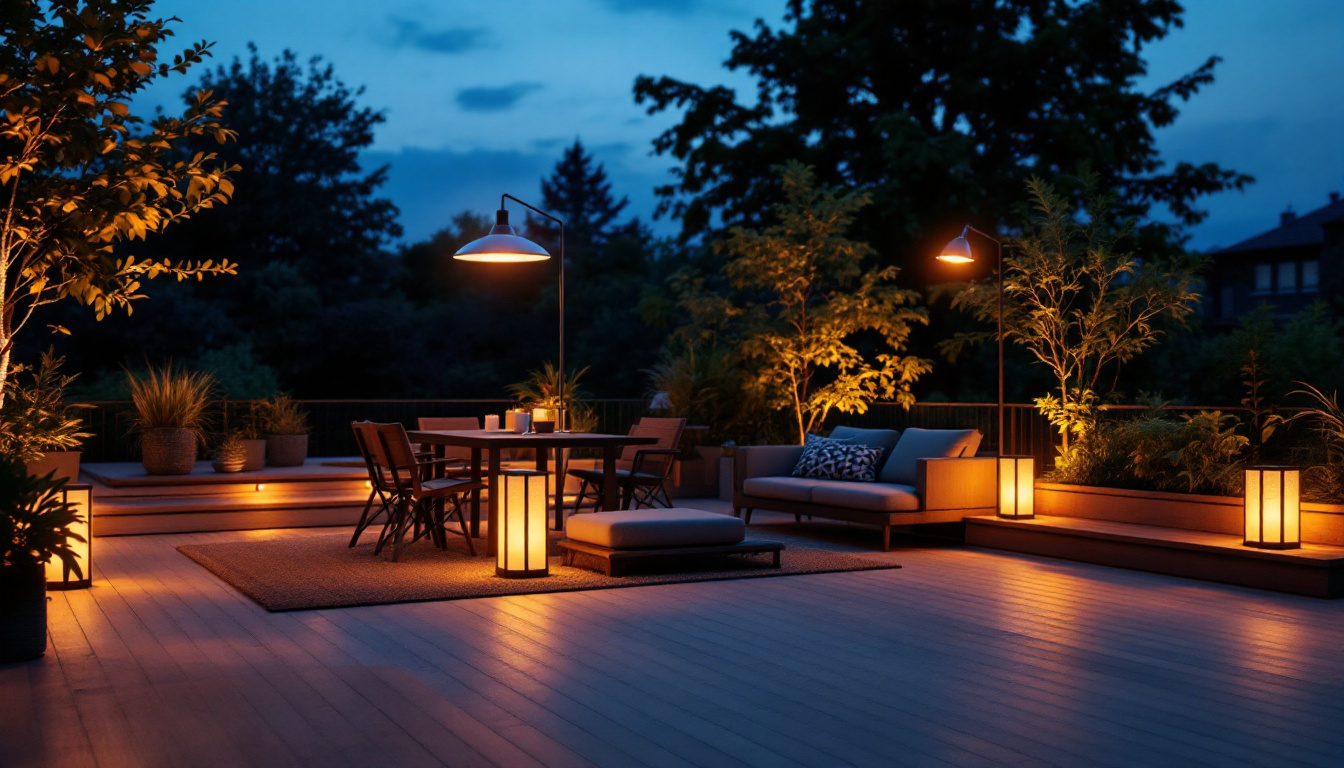 A photograph of a beautifully designed outdoor deck space at dusk