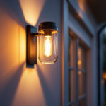 A photograph of a beautifully designed exterior sconce light installed on a stylish home facade during twilight