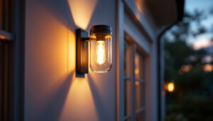 A photograph of a beautifully designed exterior sconce light installed on a stylish home facade during twilight