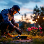 A photograph of a lighting contractor installing led solar outdoor lights in a residential garden setting during dusk