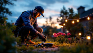 A photograph of a lighting contractor installing led solar outdoor lights in a residential garden setting during dusk