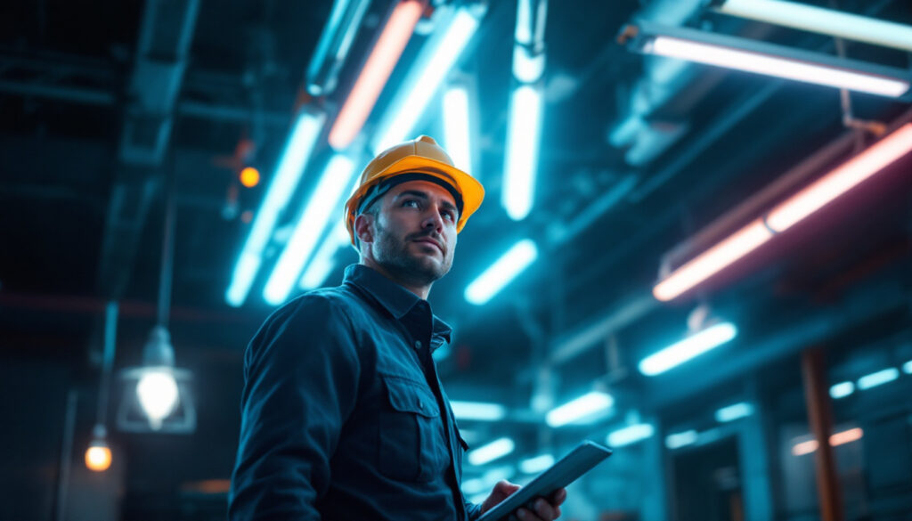 A photograph of a lighting contractor in action