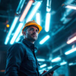 A photograph of a lighting contractor in action