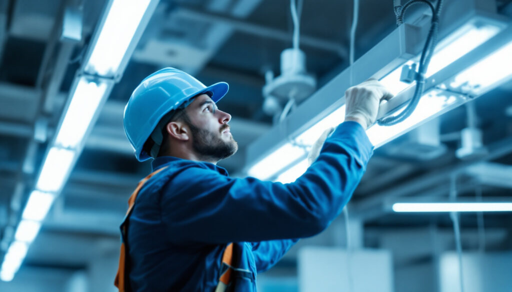 A photograph of a lighting contractor installing or adjusting fluorescent lighting fixtures in a commercial space