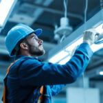 A photograph of a lighting contractor installing or adjusting fluorescent lighting fixtures in a commercial space