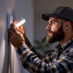 A photograph of a lighting contractor installing or adjusting a light led sensor in a residential or commercial setting