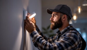 A photograph of a lighting contractor installing or adjusting a light led sensor in a residential or commercial setting