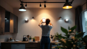 A photograph of a well-lit interior space showcasing various types of pot lights in action