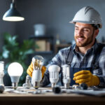 A photograph of a lighting contractor examining a variety of satco led lamps in a well-lit workspace