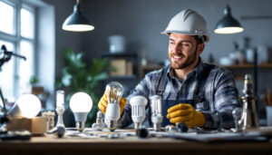 A photograph of a lighting contractor examining a variety of satco led lamps in a well-lit workspace