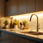 A photograph of a beautifully illuminated kitchen or workspace featuring sleek led under counter lighting