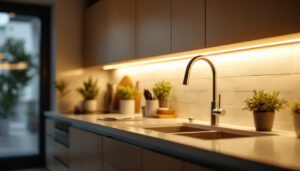A photograph of a beautifully illuminated kitchen or workspace featuring sleek led under counter lighting