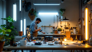 A photograph of a well-organized workspace featuring a variety of led strip lights