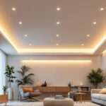 A photograph of a well-designed recessed ceiling lighting installation in a modern living space
