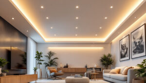 A photograph of a well-designed recessed ceiling lighting installation in a modern living space