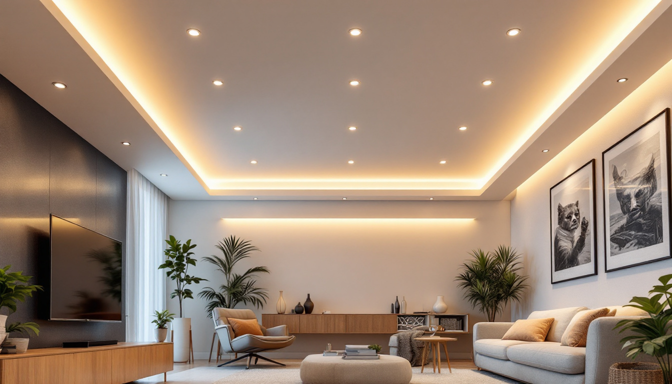 A photograph of a well-designed recessed ceiling lighting installation in a modern living space