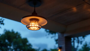 A photograph of a beautifully designed outdoor ceiling fixture illuminated at dusk