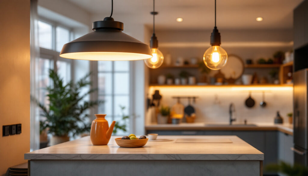 A photograph of a beautifully designed semi-flush mount kitchen light fixture illuminating a modern kitchen space