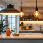 A photograph of a beautifully designed semi-flush mount kitchen light fixture illuminating a modern kitchen space