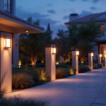 A photograph of a beautifully illuminated exterior space featuring stylish post lighting fixtures at dusk