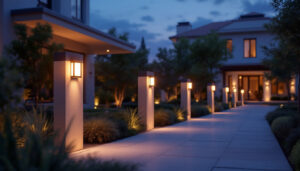A photograph of a beautifully illuminated exterior space featuring stylish post lighting fixtures at dusk