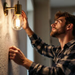 A photograph of a skilled lighting contractor at work