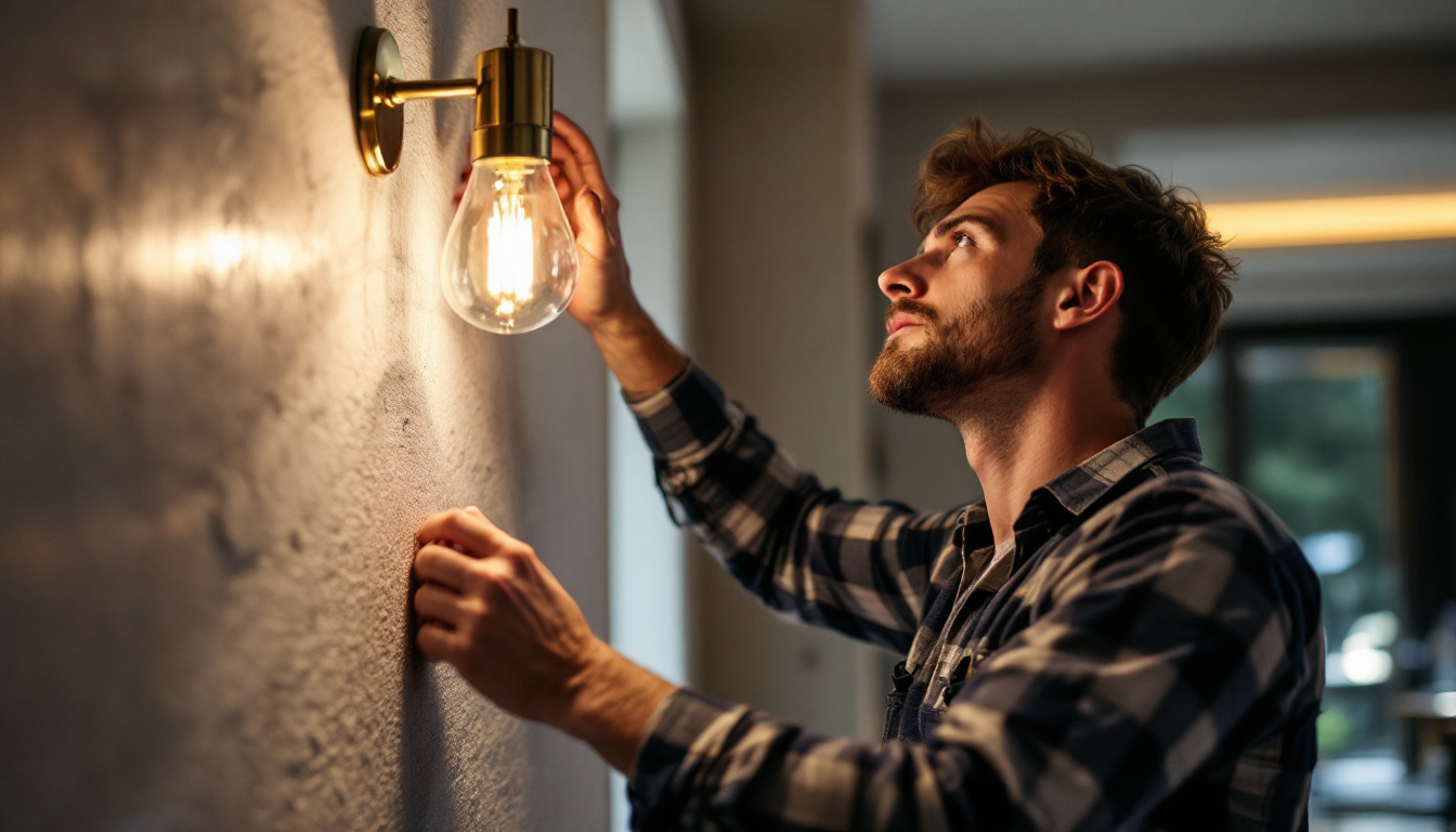 A photograph of a skilled lighting contractor at work