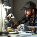 A photograph of a lighting contractor carefully inspecting a switched outlet installation