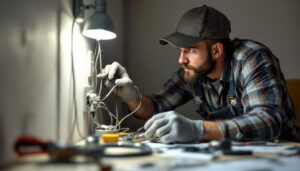 A photograph of a lighting contractor carefully inspecting a switched outlet installation